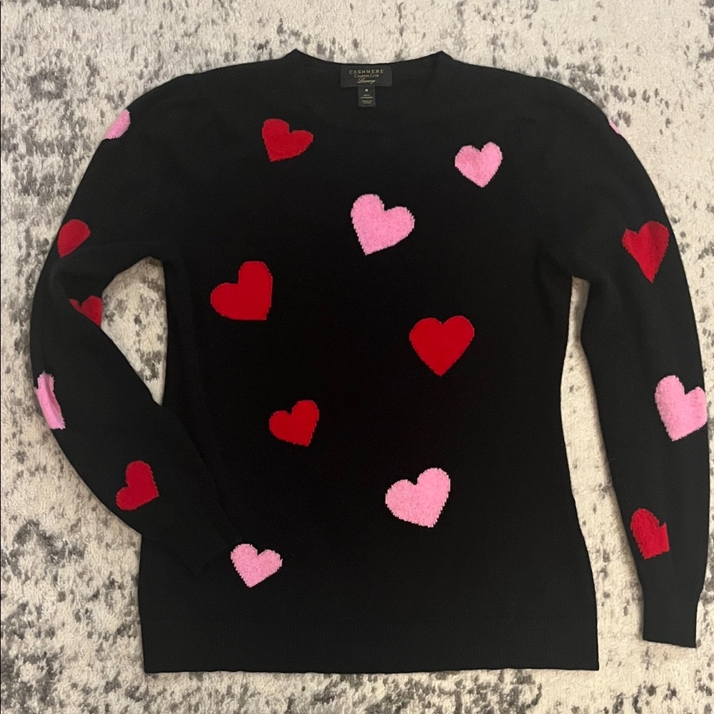 Black cashmere Sweater with Red and Pink Hearts
